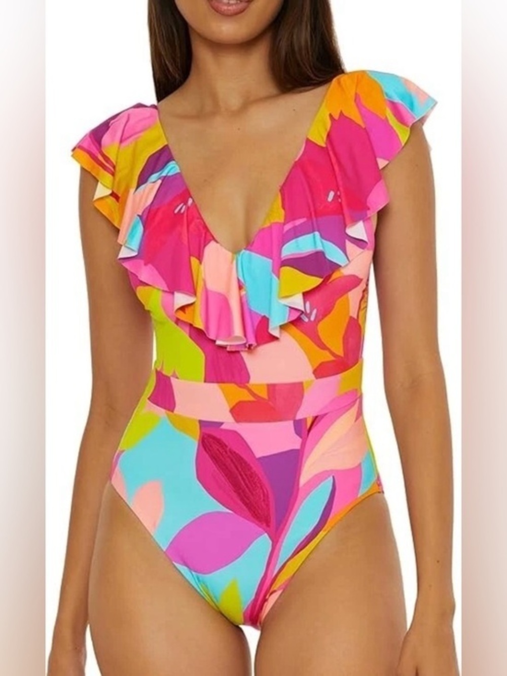 Trina Turk Lilleth Ruffle Colorful Print One Piece Swimsuit 10